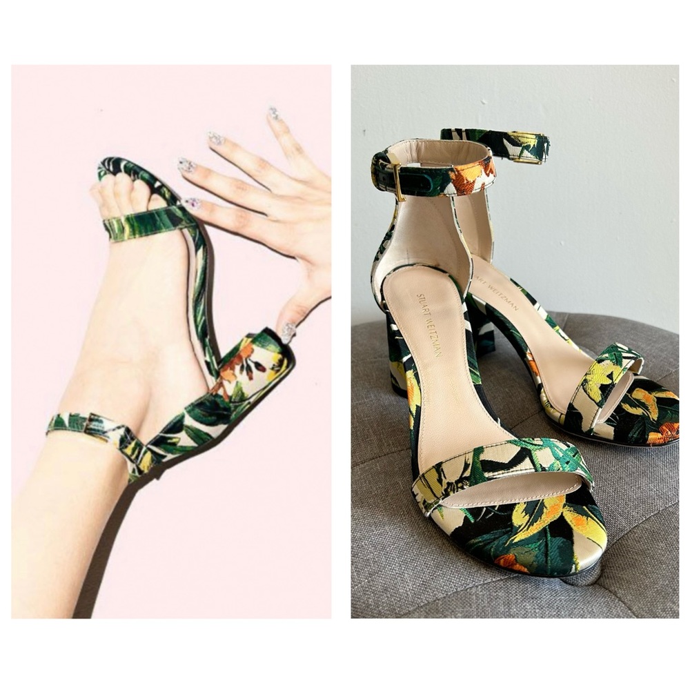 Stuart Weitzman size4.5 Green Botanical Floral Jacquard Heel Sandals